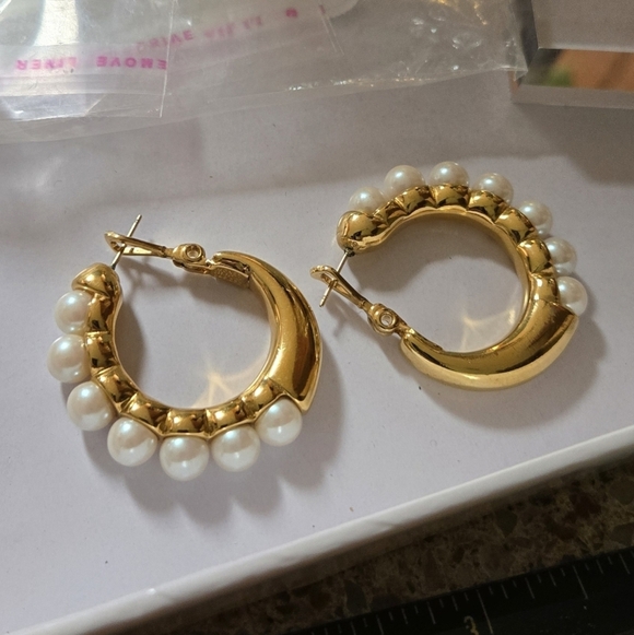 Monet Jewelry - Monet Gold Tone Pearl Hoop Earrings